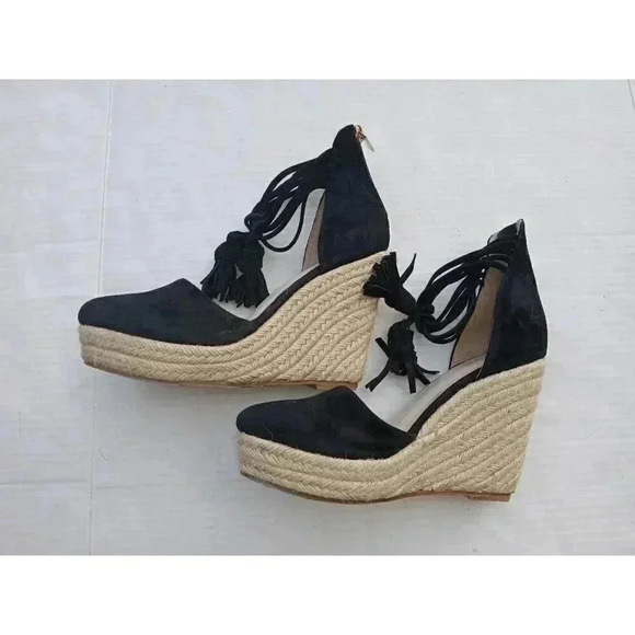 Raye Womens Dixie Espadrilles Heel Black Suede Tassel High Almond Toe Zipper 7 - Picture 9 of 11